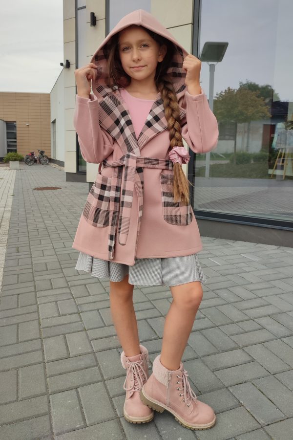 Szlafrokowy płaszcz jesienny z kapturem Piwonia Brudny Róż