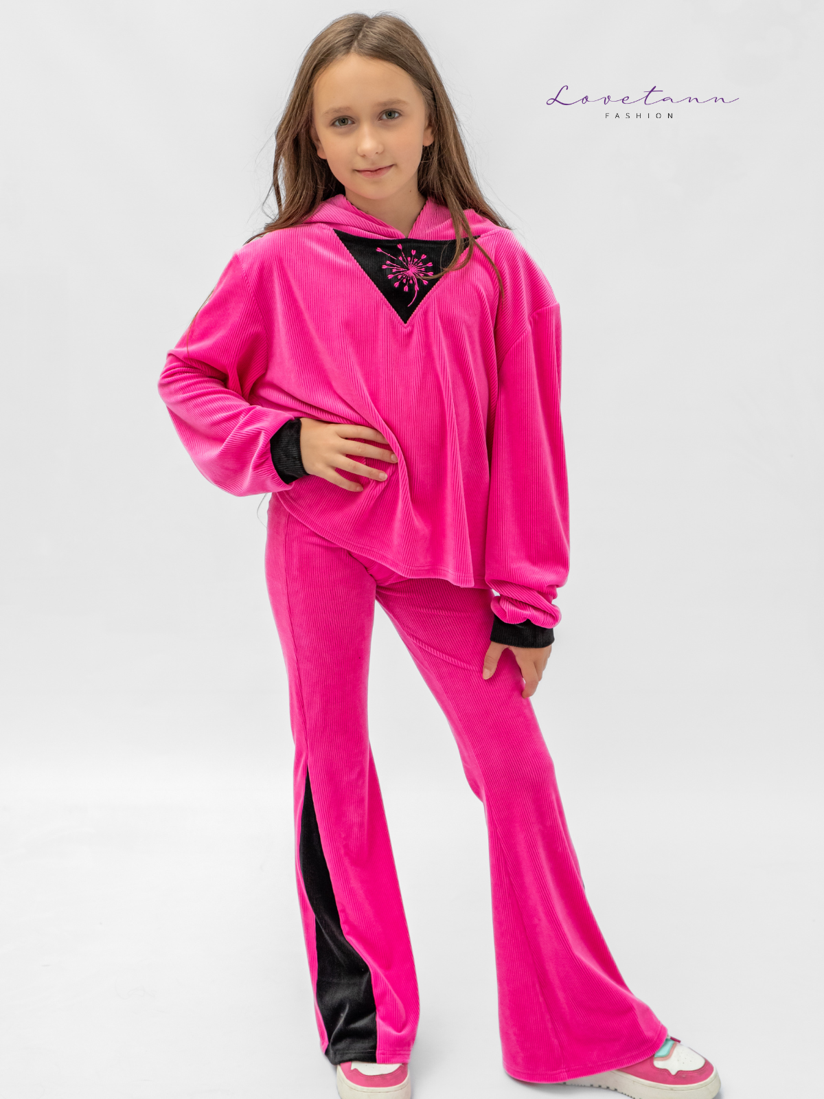 Komplet dresowy welurowy prążek Kontrast Pink & Black by Lovetann - obrazek 2