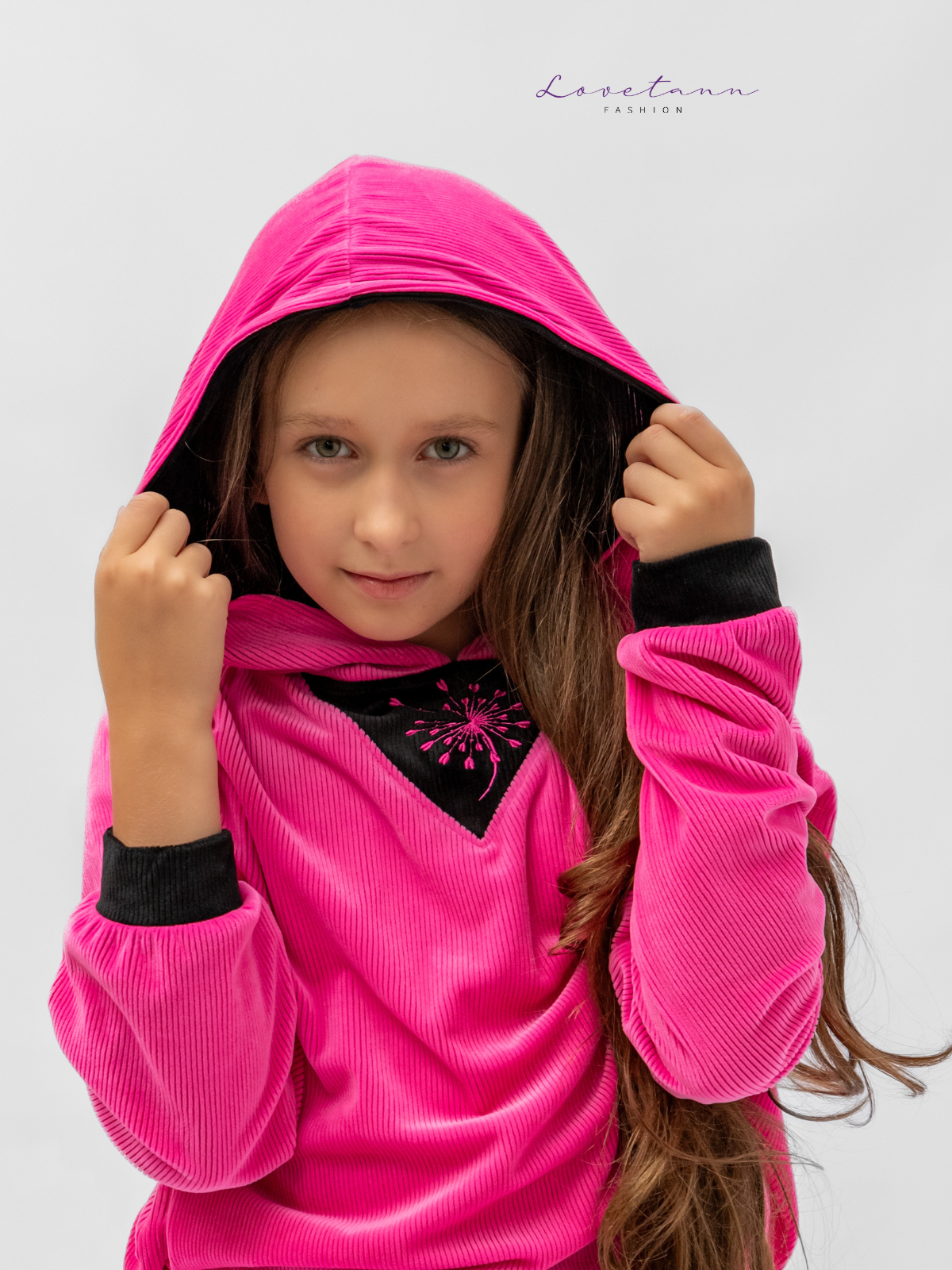 Komplet dresowy welurowy prążek Kontrast Pink & Black by Lovetann - obrazek 7