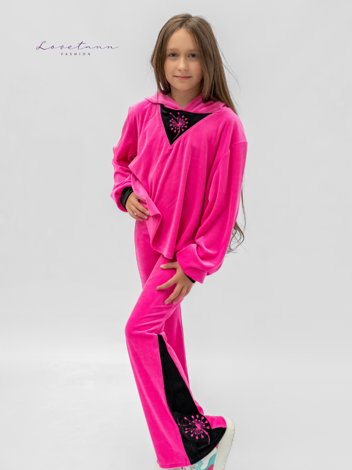 Komplet dresowy welurowy prążek Kontrast Pink & Black by Lovetann - obrazek 4