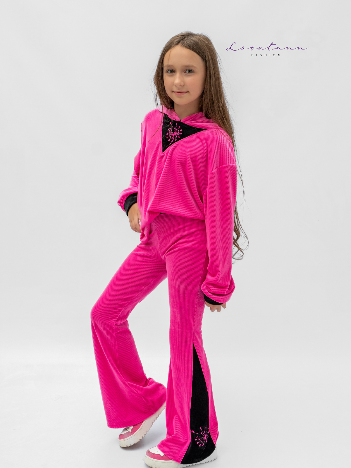Komplet dresowy welurowy prążek Kontrast Pink & Black by Lovetann