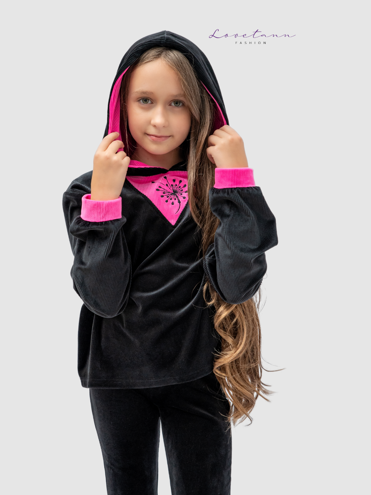 Komplet dresowy welurowy prążek Kontrast Black & Pink by Lovetann - obrazek 2