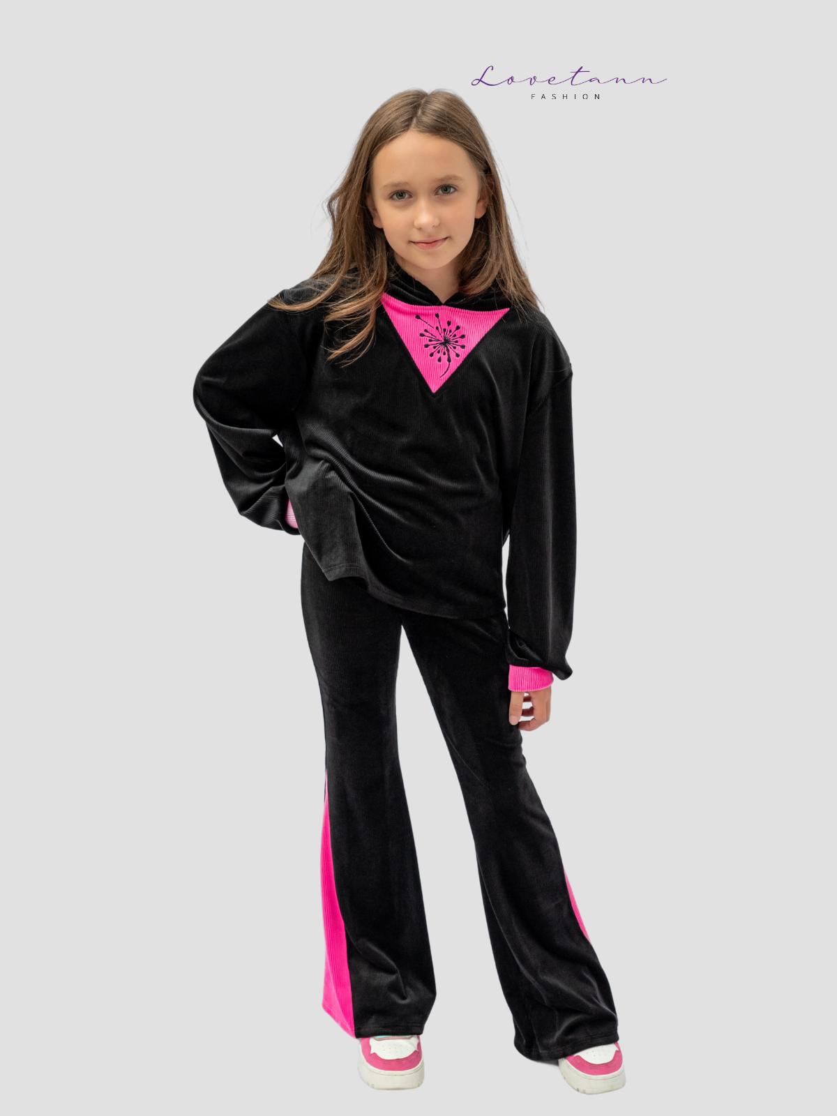 Komplet dresowy welurowy prążek Kontrast Black & Pink by Lovetann