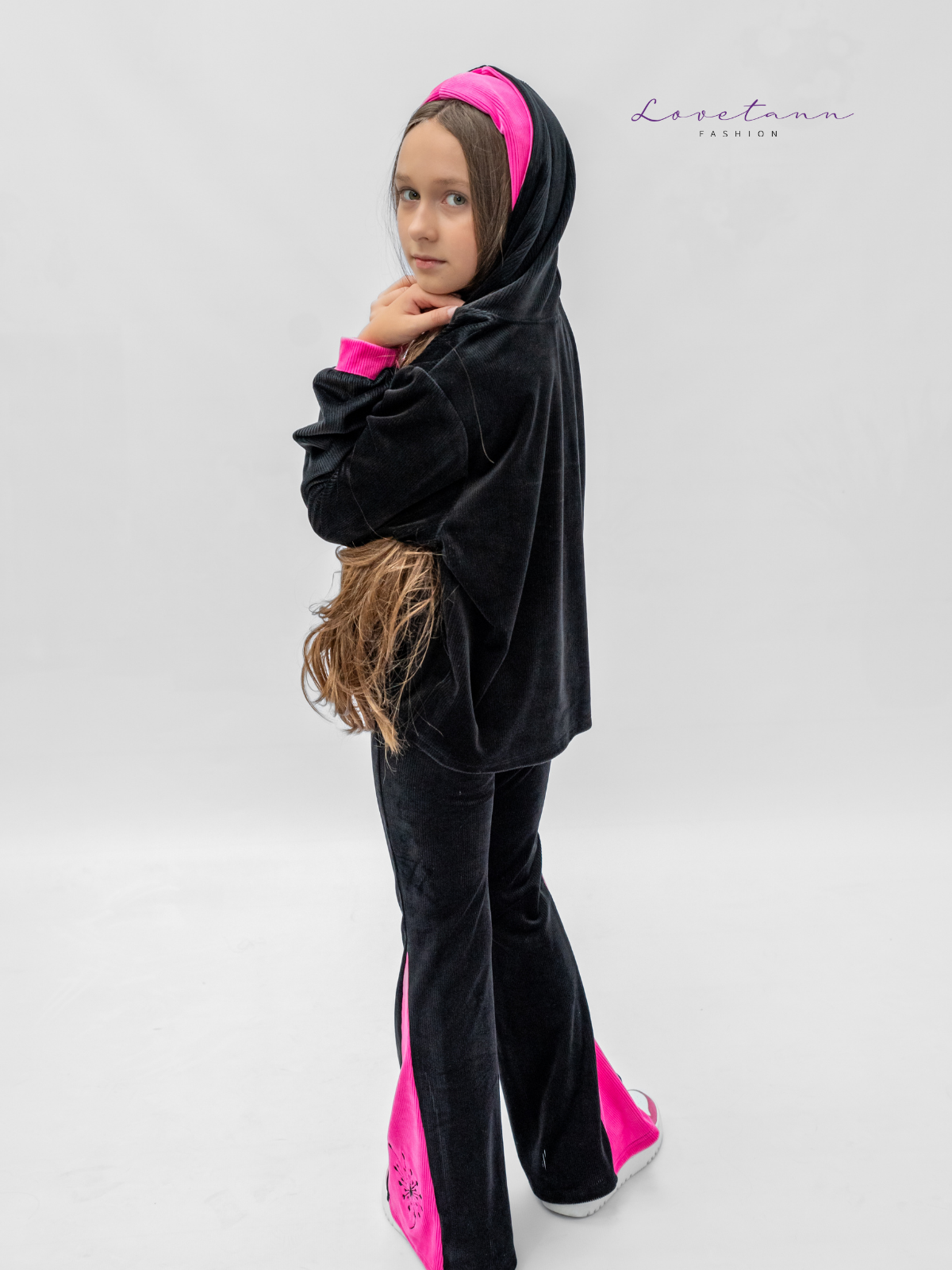 Komplet dresowy welurowy prążek Kontrast Black & Pink by Lovetann - obrazek 5