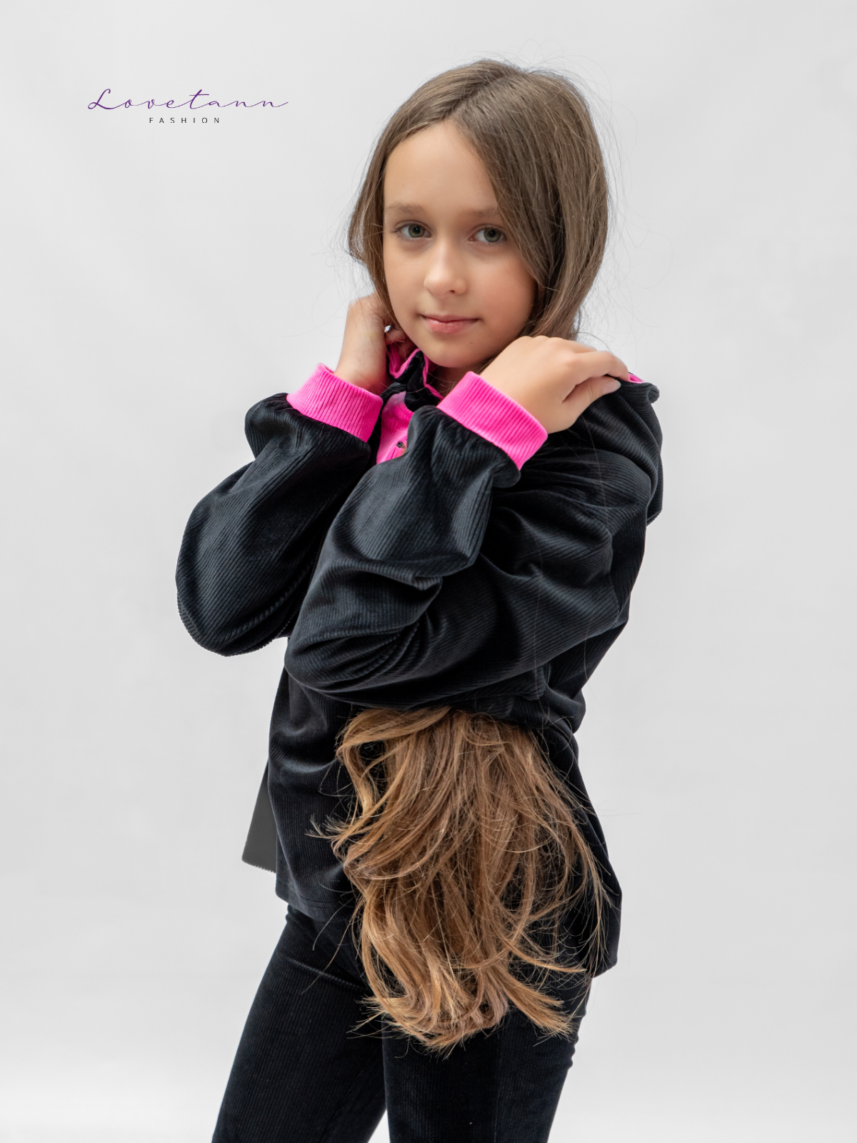 Komplet dresowy welurowy prążek Kontrast Black & Pink by Lovetann - obrazek 7
