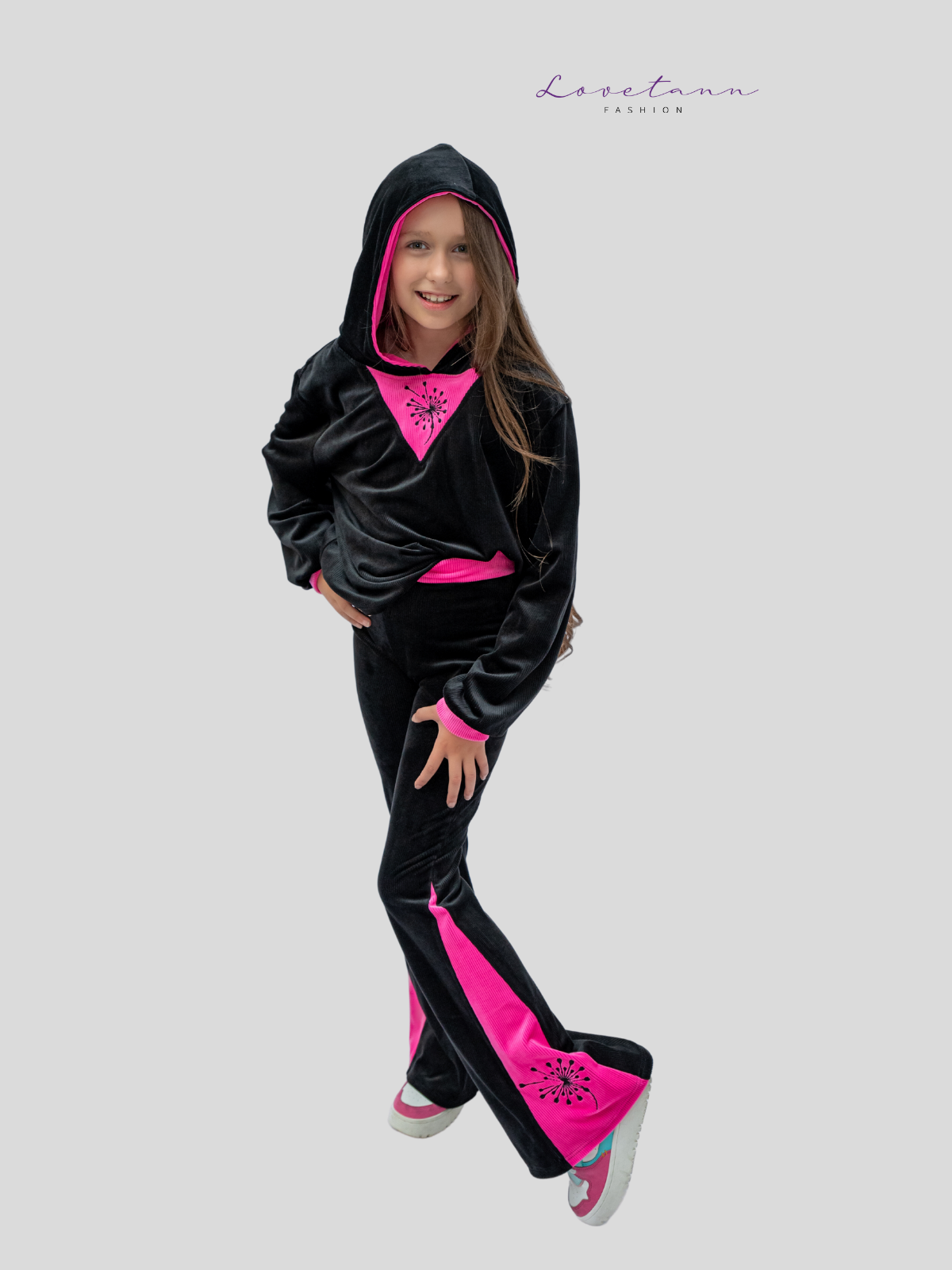 Komplet dresowy welurowy prążek Kontrast Black & Pink by Lovetann - obrazek 3