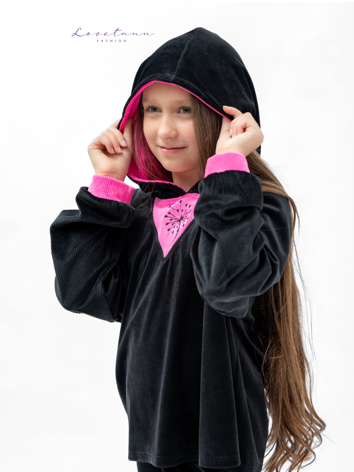 Komplet dresowy welurowy prążek Kontrast Black & Pink by Lovetann - obrazek 6