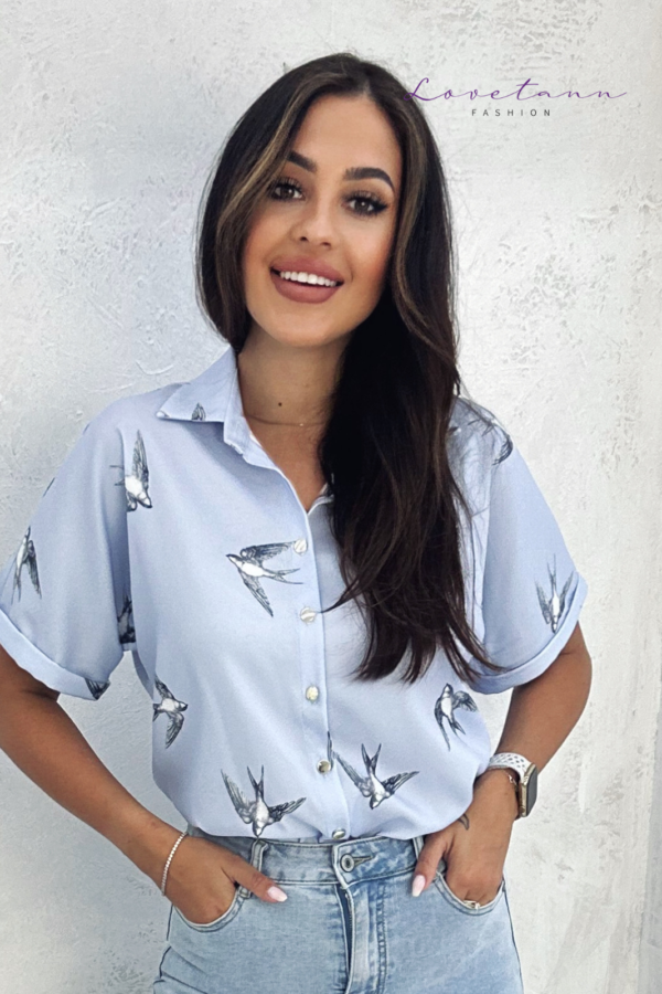 Koszula damska kimono z krótkim rękawem Sofia Jaskółki Błękit by Lovetann