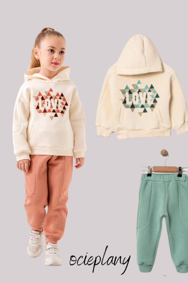 Komplet Dresowy Ocieplany LOVE Ekri/Turkus