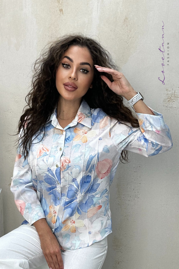 Koszula damska Plus Size z zaszewkami Aurelia Szara Akwarela Kwiaty by Lovetann