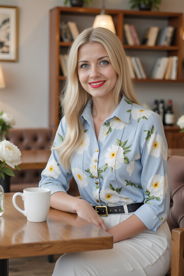 Koszula damska z zaszewkami Aurelia Niebieska w Kwiaty by Lovetann