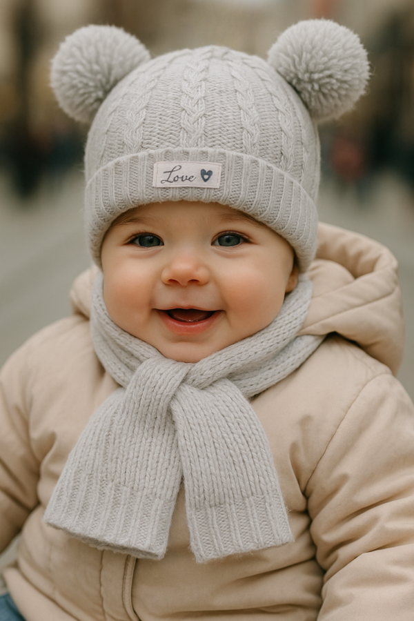 Komplet dziewczęcy zimowy Love – czapka z pomponami + szalik