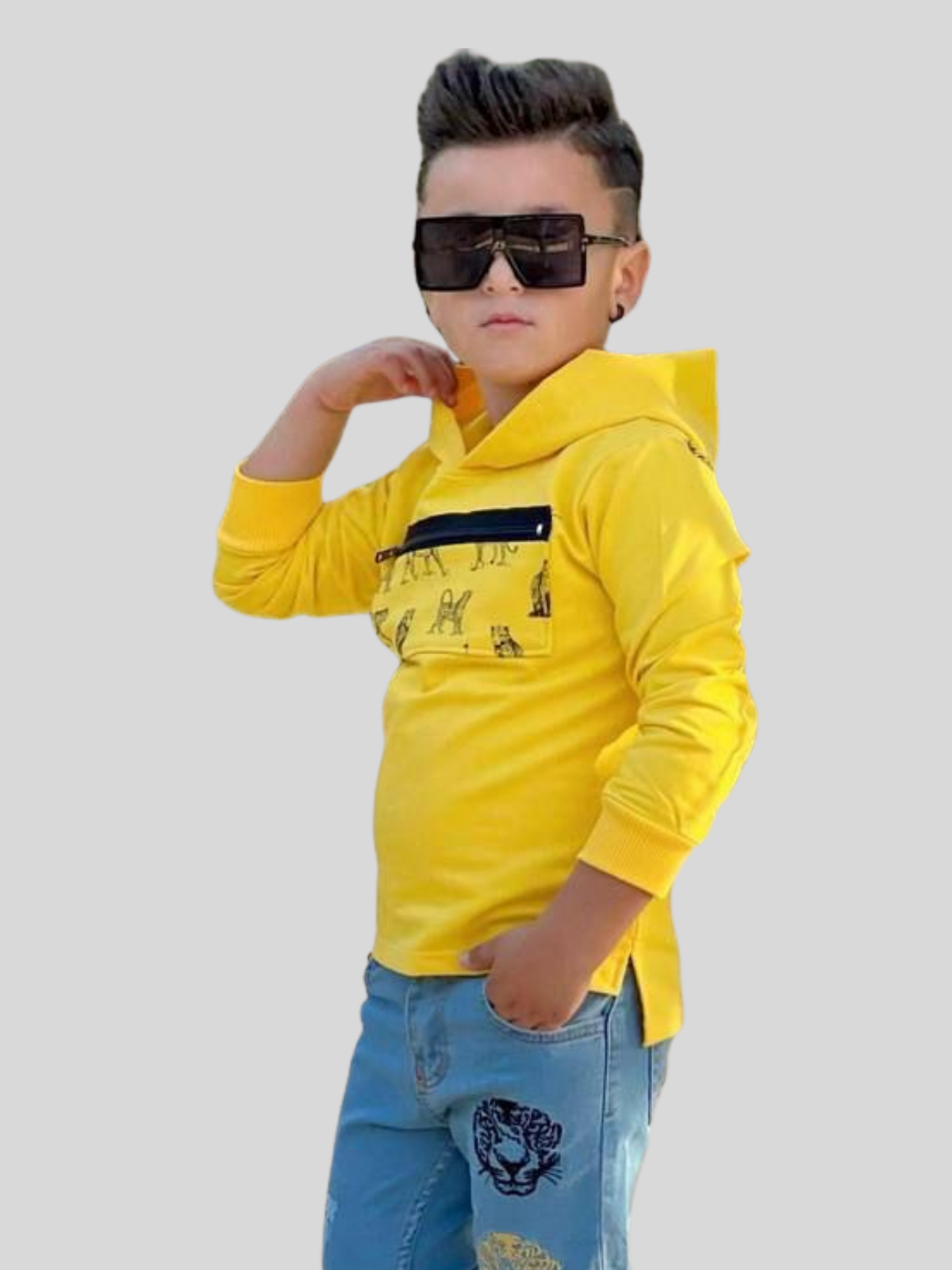 Bluza chłopięca bawełniana z kapturem Tiger Żółty - obrazek 2