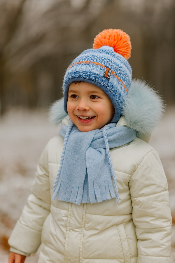 Komplet chłopięcy Blue Energy — czapka z pomponem i szalik