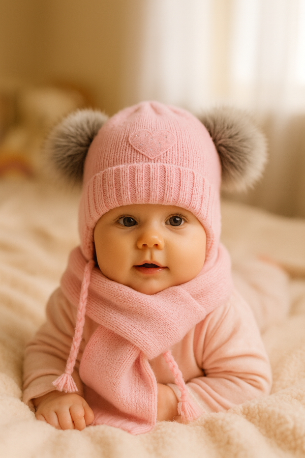 Komplet niemowlęcy zimowy – czapka z futrzanymi pomponami + szalik Jasny Róż